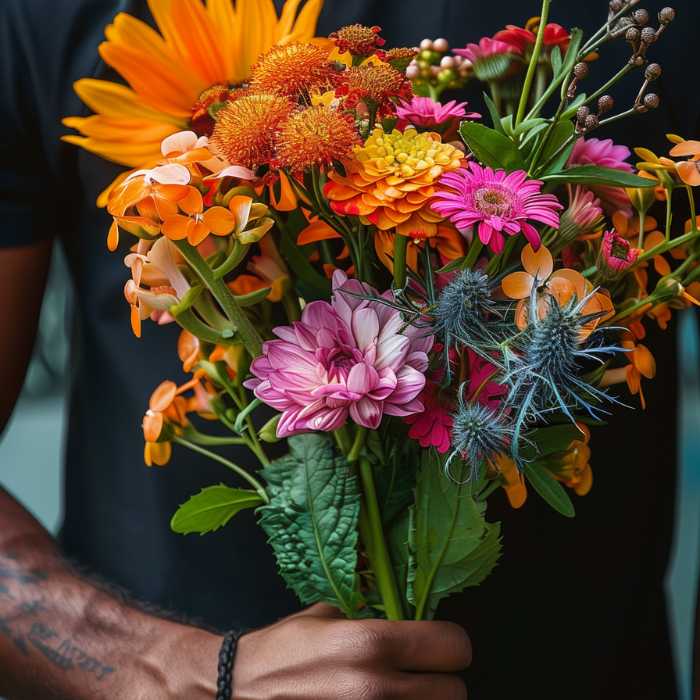 Vibrant bouquet of artificial flowers in orange, pink, and purple hues being held by a person. Artificial Flowers by Flower Guy.