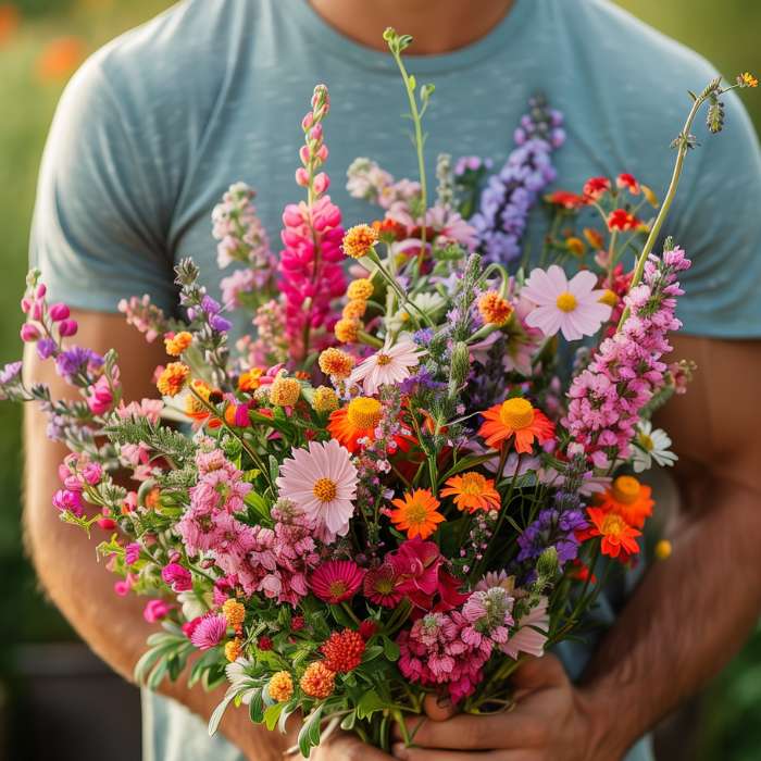 A person in a blue shirt holds a vibrant bouquet of mixed flowers, perfect for celebrating birthdays, representing Flower Guy's birthday flowers.