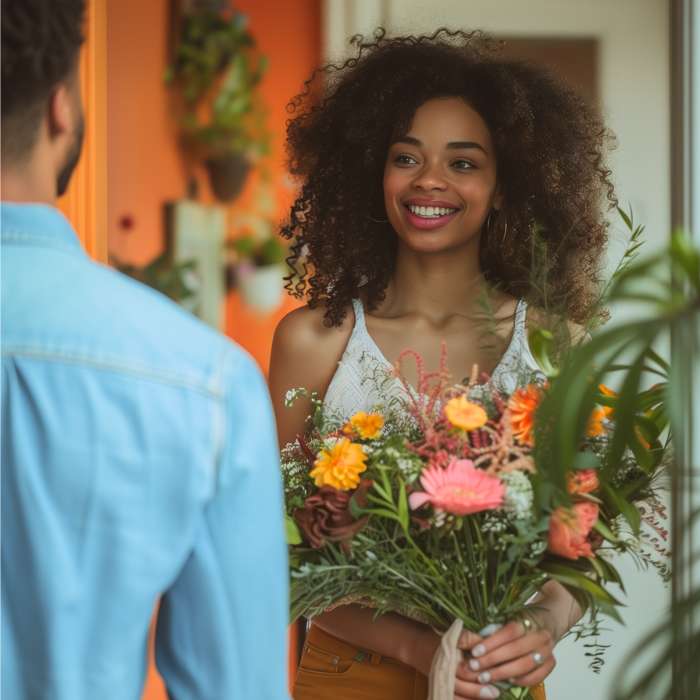  A smiling woman holds a vibrant bouquet of flowers while standing indoors, engaging with someone, highlighting Flower Guy.