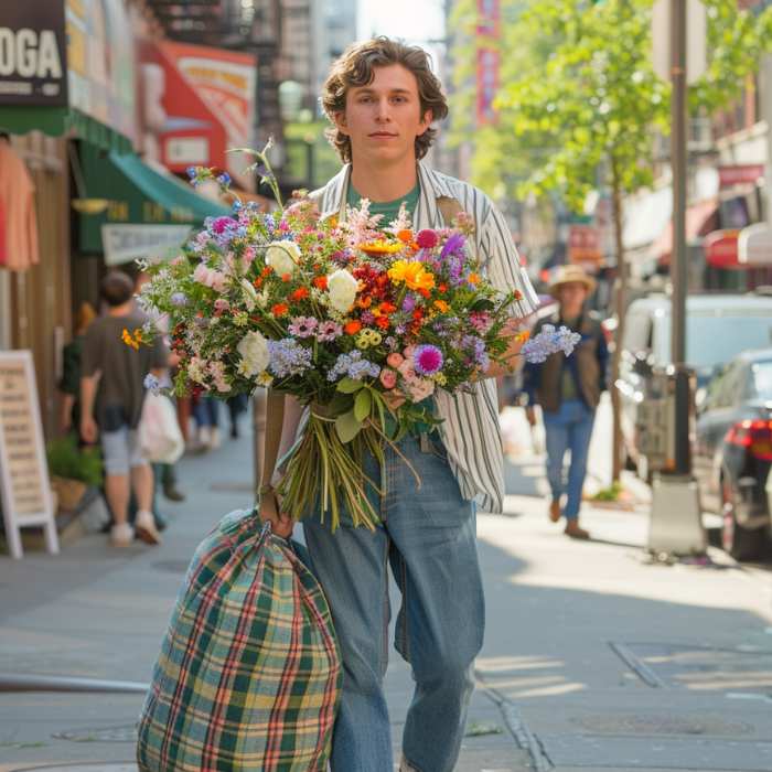 A young man carries a large, colourful bouquet of flowers and a plaid bag while walking down a city street, promoting Flower Guy.