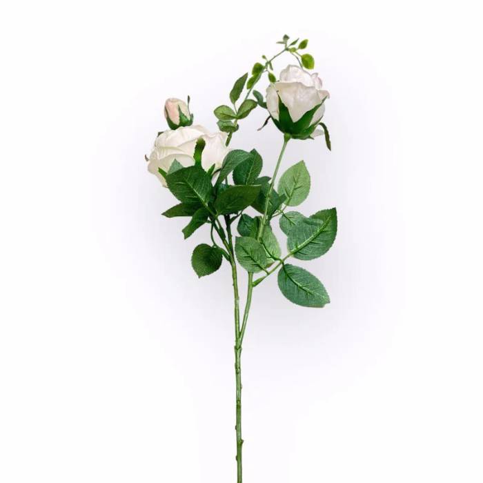 Single stem of a white artificial cabbage rose with lush green leaves, featuring a blooming rose and a rosebud.