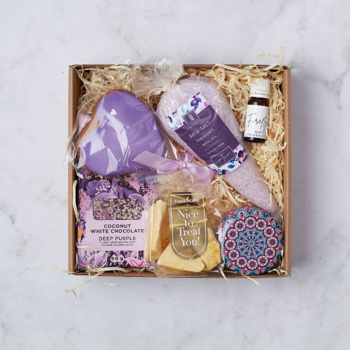 Calm and Comfort Gift Box featuring bath salts, heart-shaped bath bomb, and mandala candle.