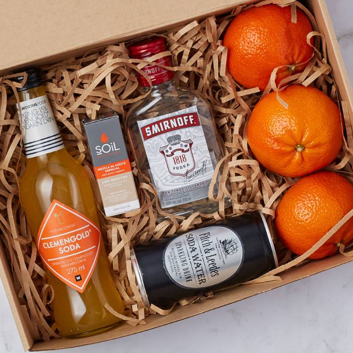 Top view of Clementine Citrus Bliss Box featuring citrus-inspired drinks, fresh clementines, and a natural insect-repellent essential oil.