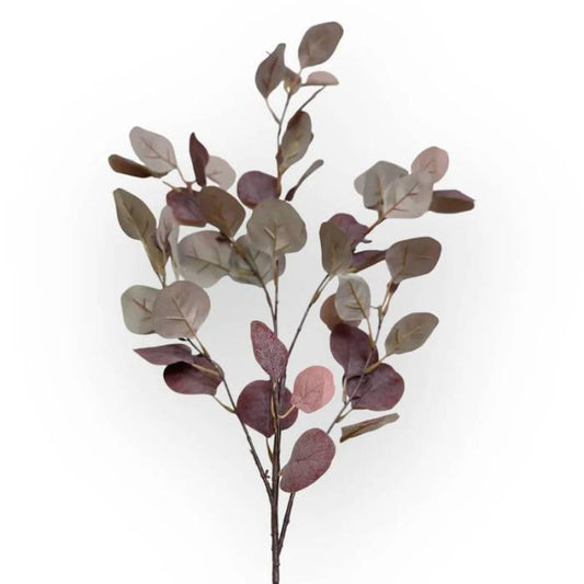 A single stem of Eucalyptus Light Burgundy artificial foliage with delicate burgundy leaves, showcasing its lifelike design and soft, natural tones