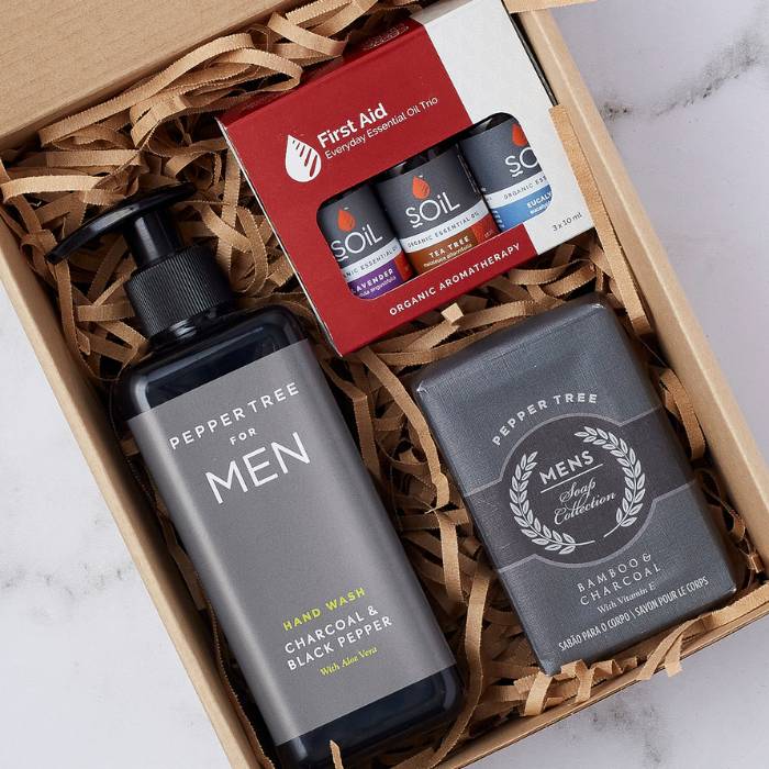 Gentle Relaxation Gift Box featuring Peppertree for Men hand wash, bamboo charcoal soap, and essential oil trio.