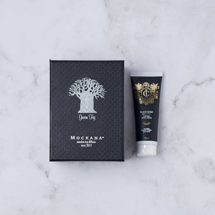 Green Fig Diffuser Gift Set featuring a fig diffuser and Black Gold hand cream elegantly displayed.