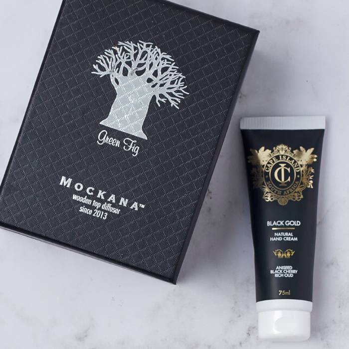 Close-up of the Green Fig Diffuser and Black Gold hand cream, perfect for gifting.