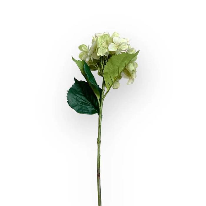 Single stem of Hydrangea Green Artificial Flower with lush green leaves and lifelike petals.