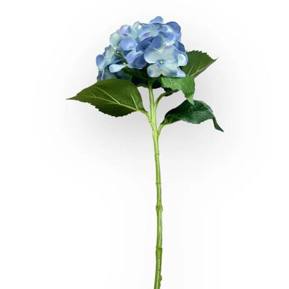 Single stem of Hydrangea Medium Blue Artificial Flower with lifelike green leaves.