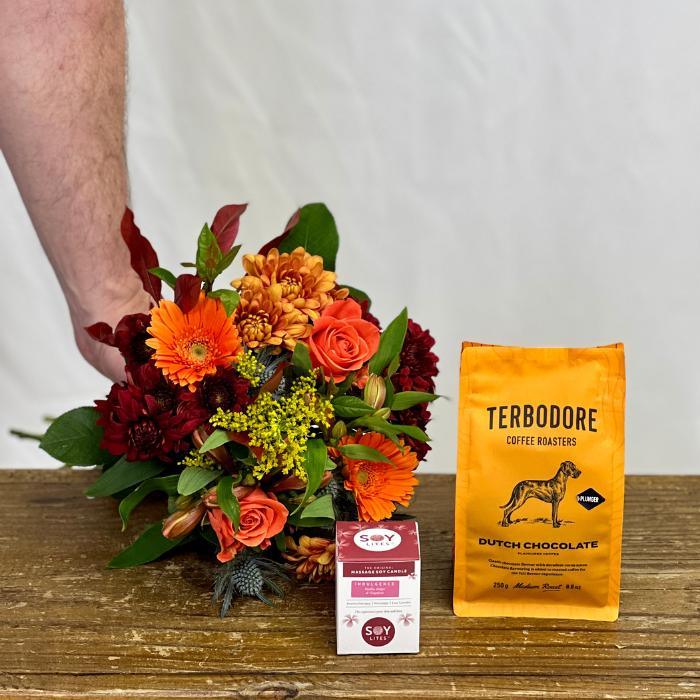 Bright coloured Chrysanthemum bouquet with SOY Lite Mini Candle and Terbodore Dutch Chocolate Coffee by Flower Guy