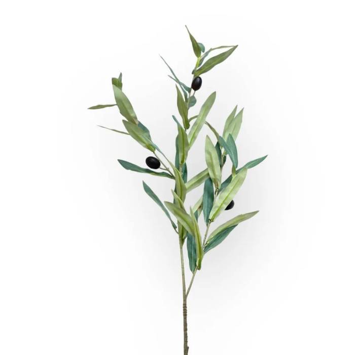 Single stem of Olive Branch Green Artificial Flower with lifelike green leaves and black olives.