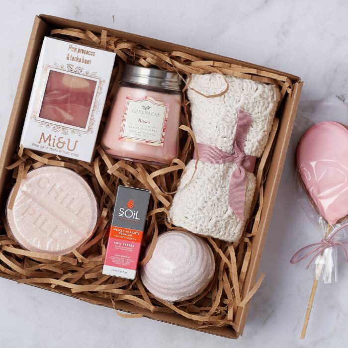 Close-up of the Pamper Perfection Gift Box showcasing luxurious relaxation items and a cosy aesthetic.