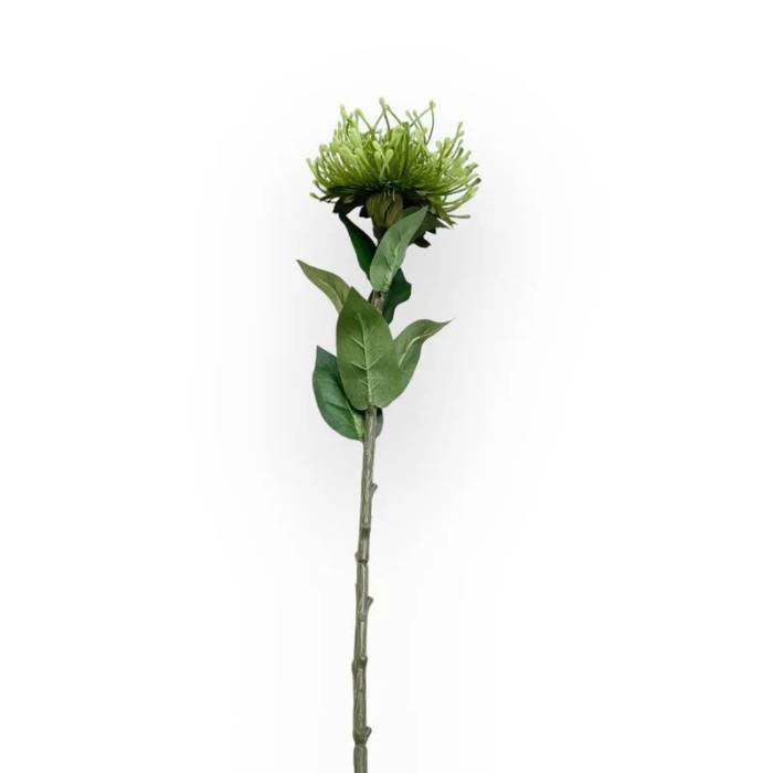 Single stem of Pincushion Green Artificial Flower with vibrant green spiky petals and lush green leaves.