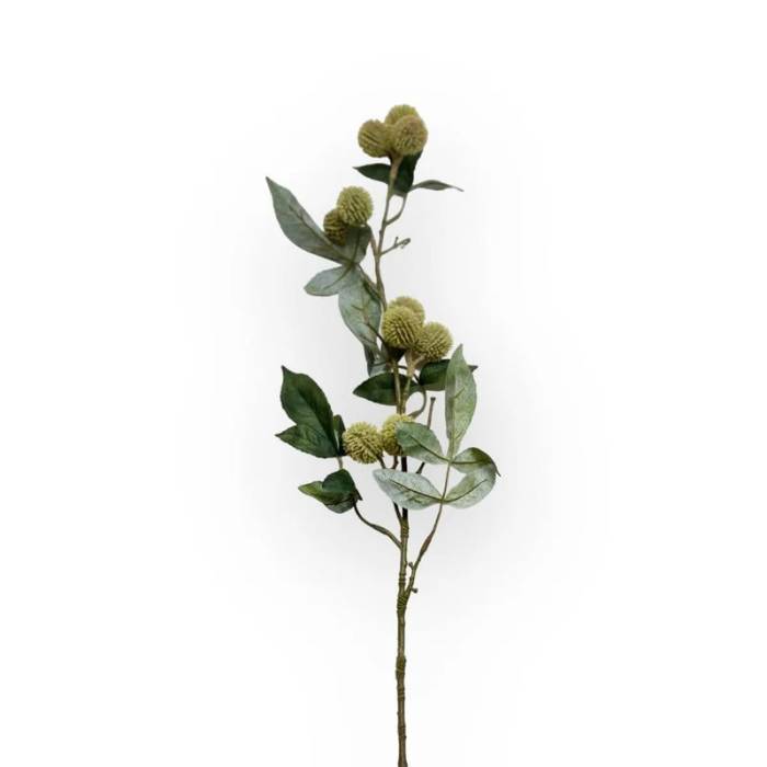 Single stem of Pom Pom Artificial Flowers featuring round green blooms and lush green leaves.