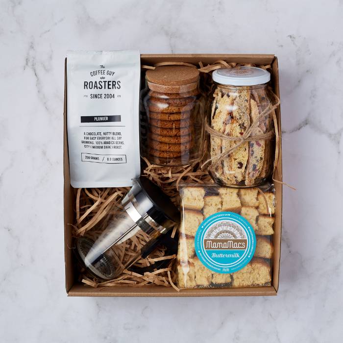 Premier Coffee Gift Box featuring plunger coffee, oatmeal cookies, biscotti, and rusks in an elegant gift box.