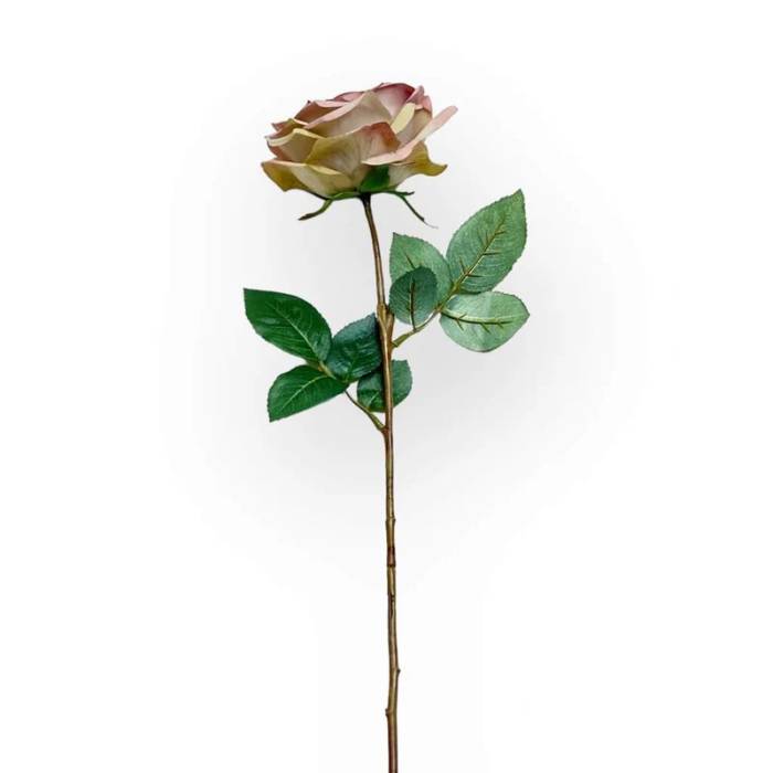 Single stem of Rose Full Bloom Dusty Mauve Artificial Flower with green leaves against a white background.