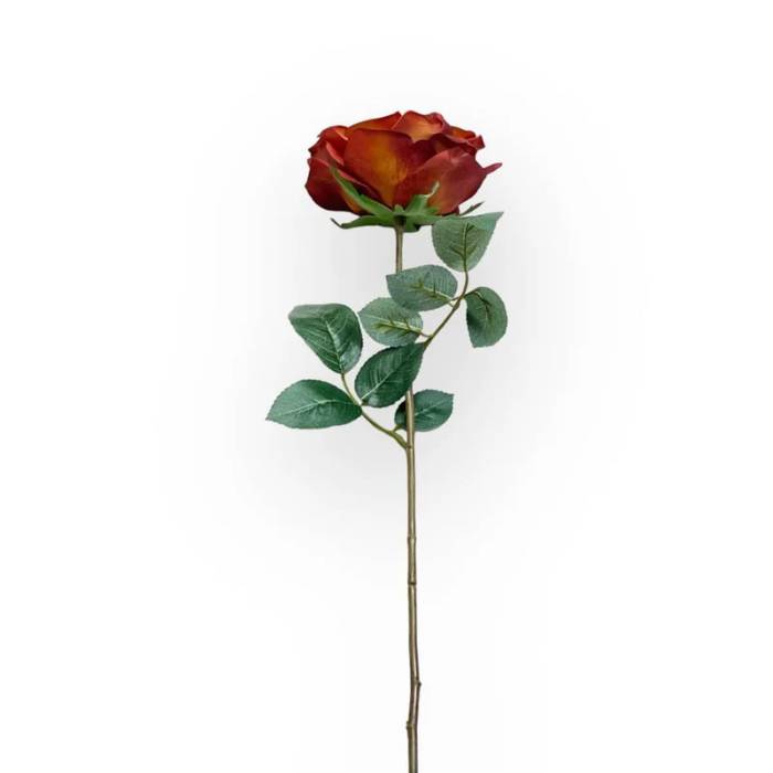 Single stem of Rose Full Bloom Rust Artificial Flower with vibrant rust-coloured petals and green leaves against a white background.