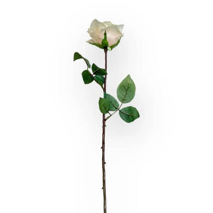 Single stem of Rose Olivia Seashell Artificial Flower with soft white petals and realistic green leaves on a long, natural-looking stem.