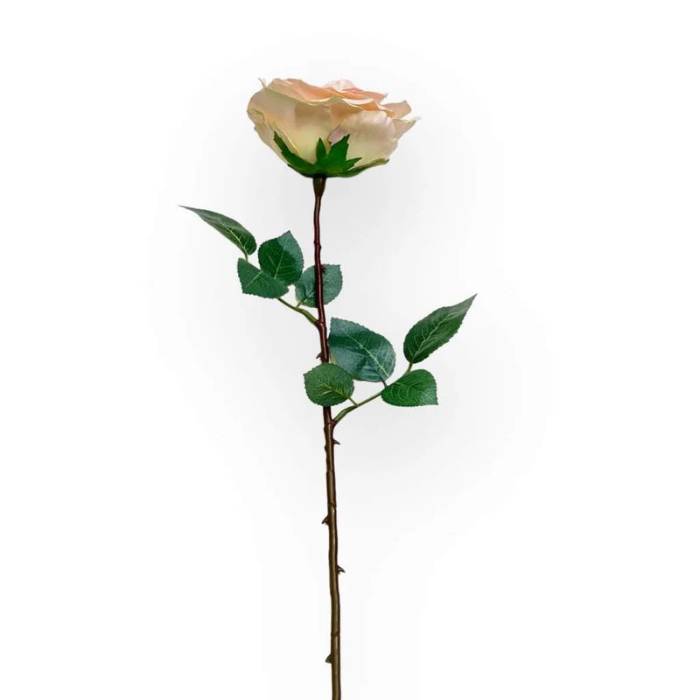 A single Rose Olivia Soft Pink Artificial Flower with a long stem and soft pink petals, complemented by green leaves.