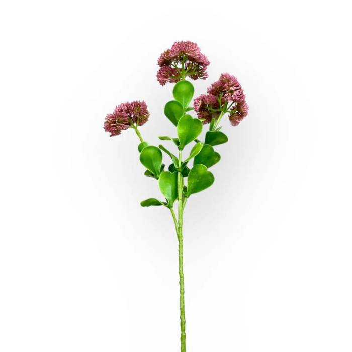 A single stem of Sedum Pink Artificial Flowers featuring clustered pink blooms and rounded green leaves, displayed against a white background.