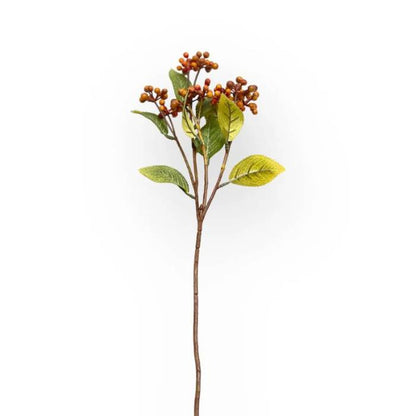 Single stem of Wild Berry Spray Rust Artificial Flowers by Flower Guy, showcasing rust-coloured berries with delicate green leaves.